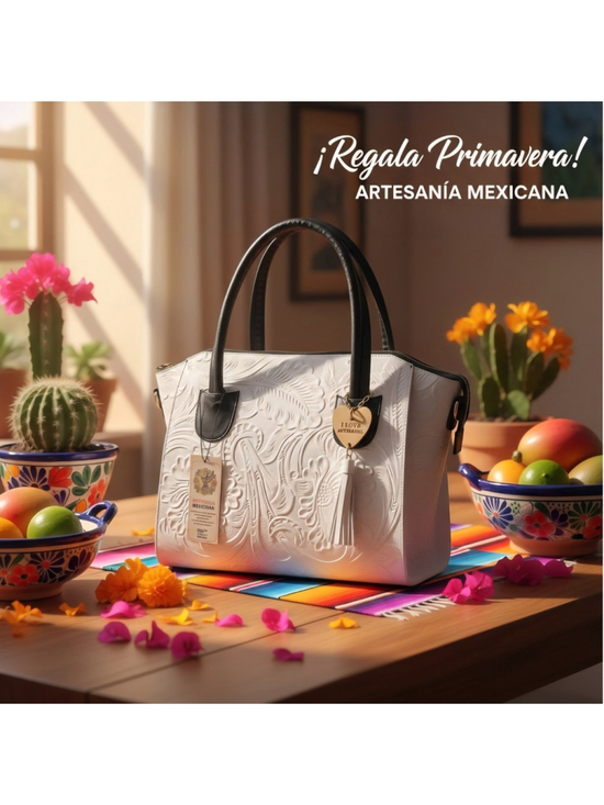 Handmade Handbags - Black and White Embossed Tooled Artisan LEATHER Bag Purse Bolsa Artesanal Mexico